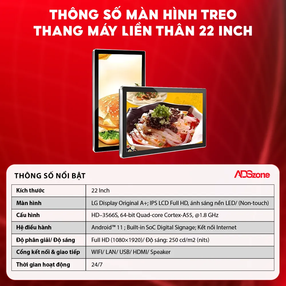 Thông Số Kỹ Thuật Màn Hình Treo Thang Máy Liền Thân 22 Inch