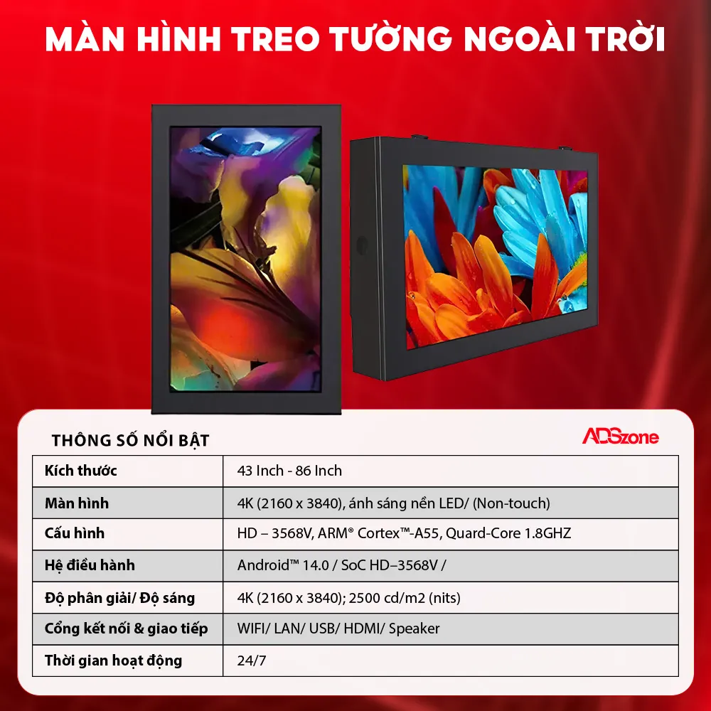 Thông Số Nổi Bật Màn Hình Treo Tường Ngoài Trời 43 Inch