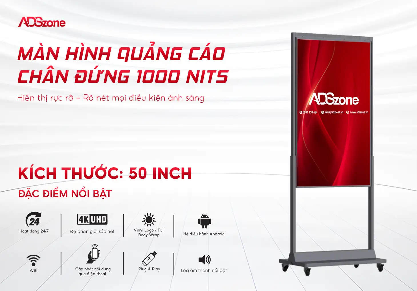 Màn Hình Quảng Cáo Chân Đứng 1000 Nits 50 Inch