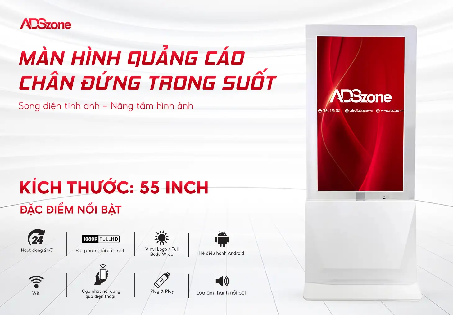 Hình Màn Hình Chân Đứng Hai Mặt Trong Suốt 55 Inch