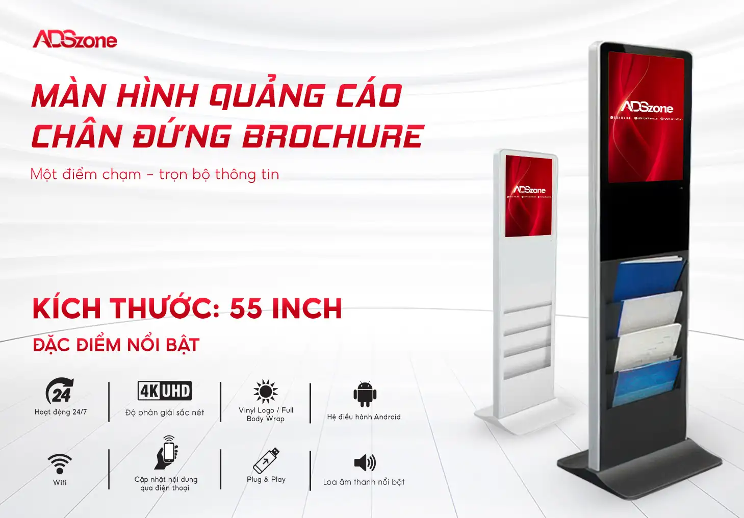 Màn Hình Chân Đứng Brochure 55 Inch Có Hộc Đựng