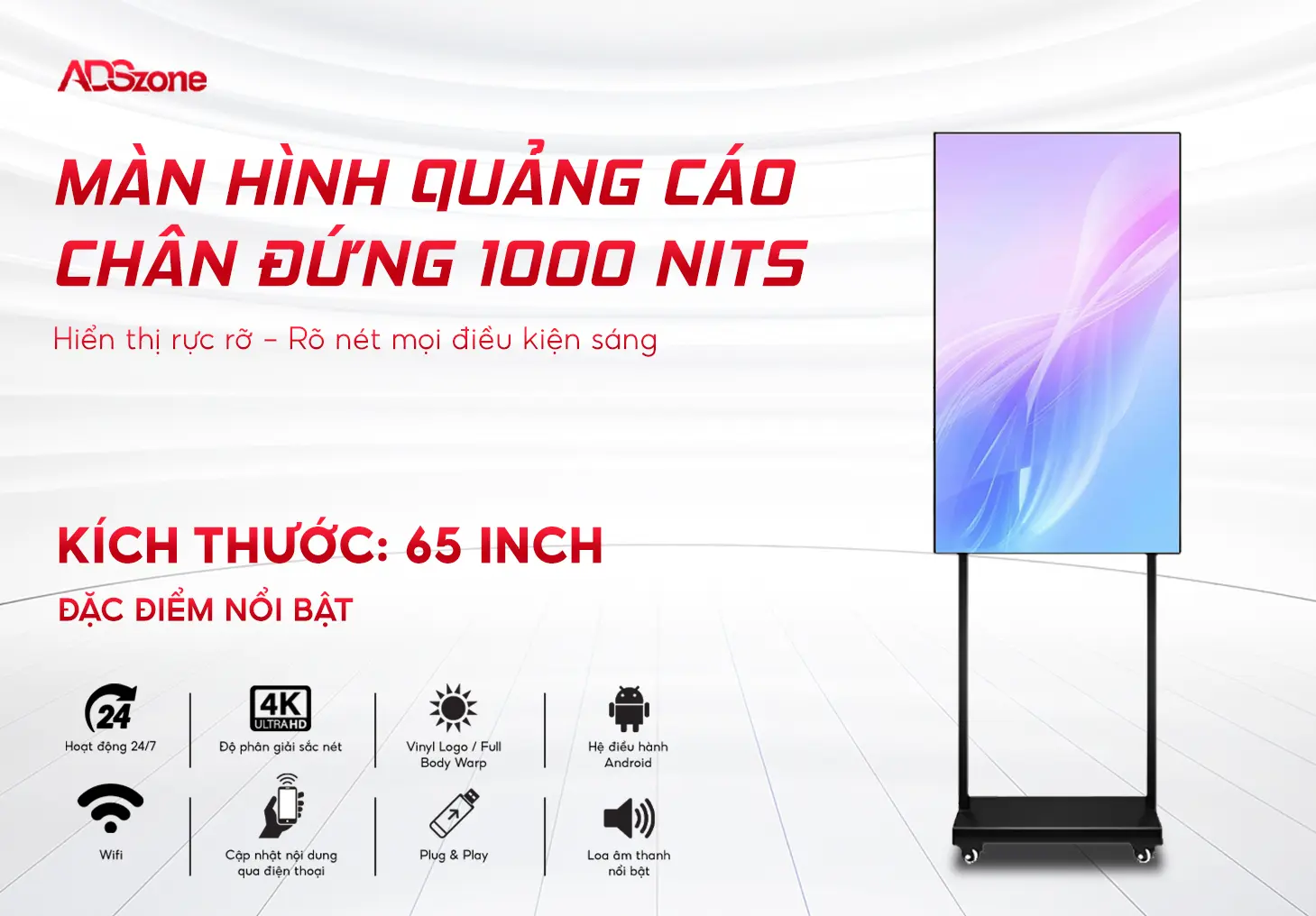 Màn Hình Quảng Cáo Chân Đứng 1000 Nits 65 Inch