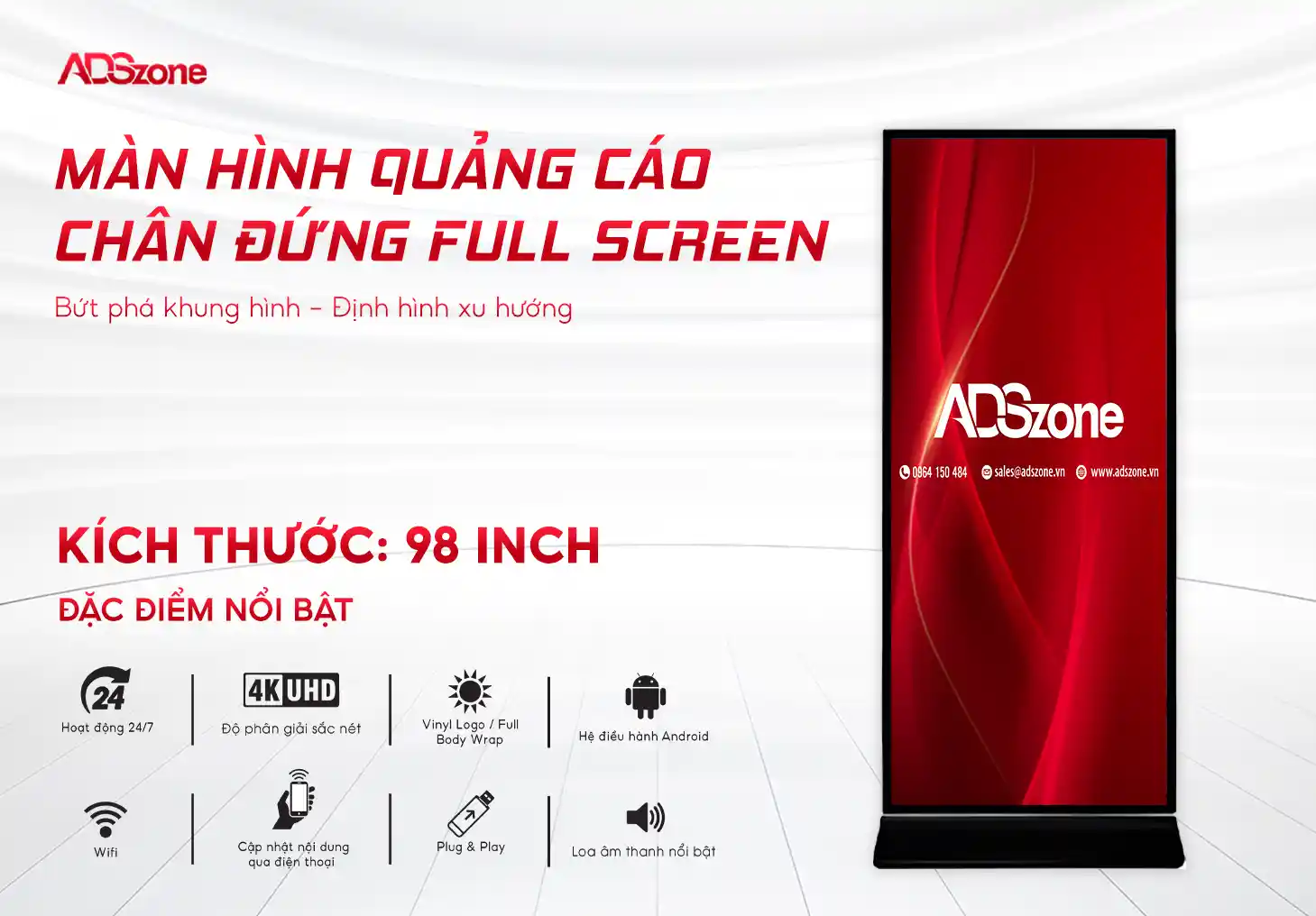 Màn Hình Quảng Cáo Chân Đứng Full - screen 98 Inch
