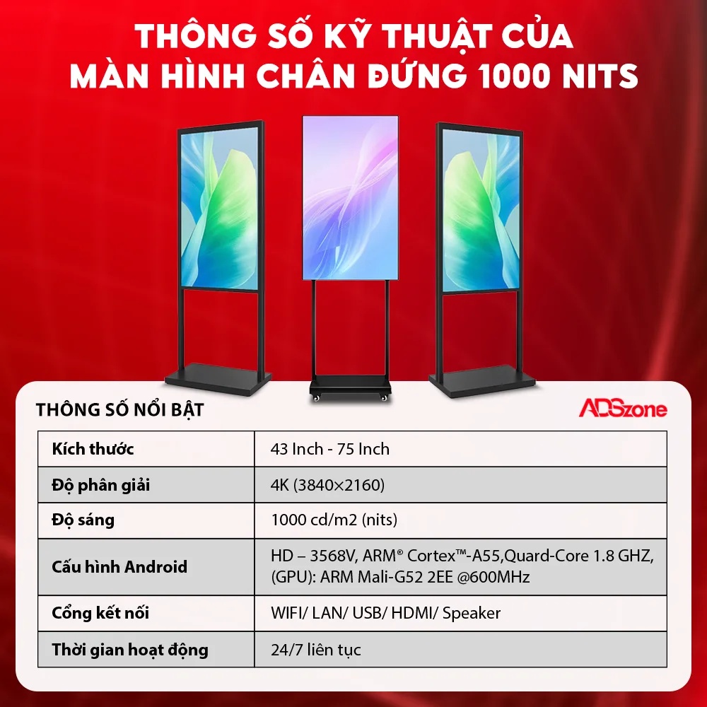 Thông Số Kĩ Thuật Cùa Màn Hình Chân Đứng Độ Sáng Cao 65 Inch