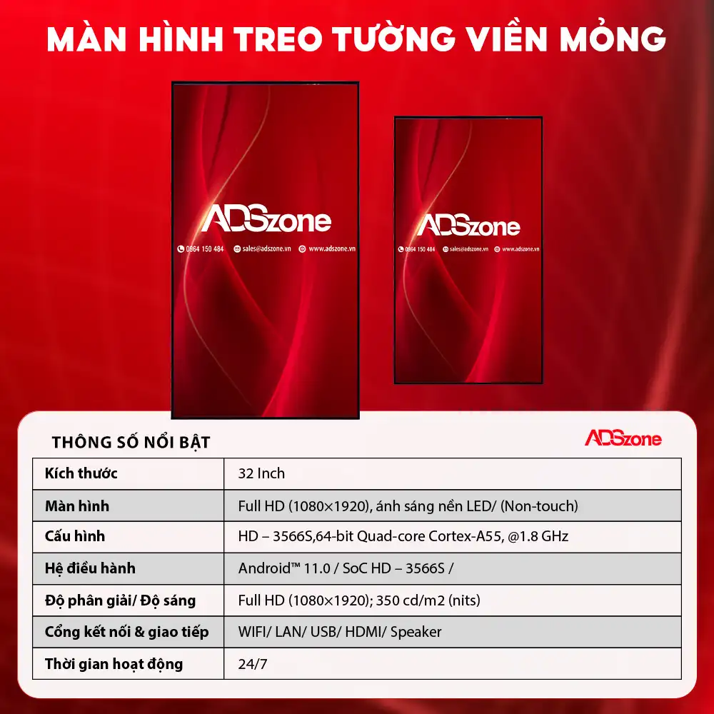 Thông Số Kỹ Thuật Của Màn Hình Quảng Cáo Treo Tường Viền Mỏng 32 Inch