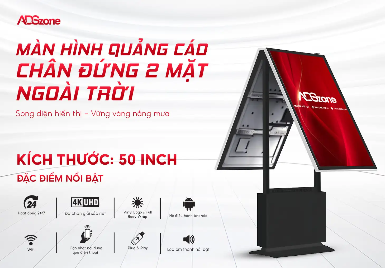 Màn Hình Quảng Cáo Chân Đứng 2 Mặt Ngoài Trời 50 Inch