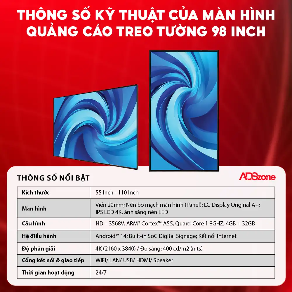 Thông Số Kỹ Thuật Của Màn Hình Quảng Cáo Treo Tường 98 Inch