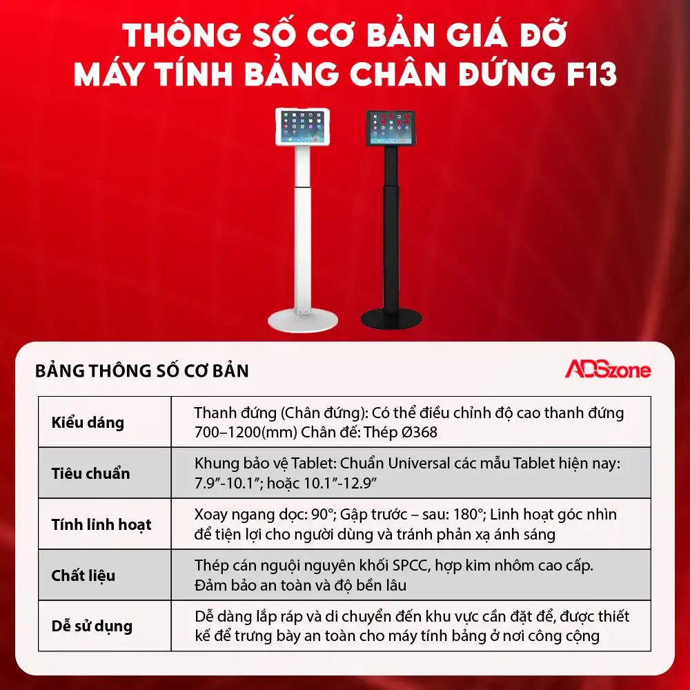 Thông Số Cơ Bản Giá Đỡ Máy Tính Bảng Chân Đứng F13