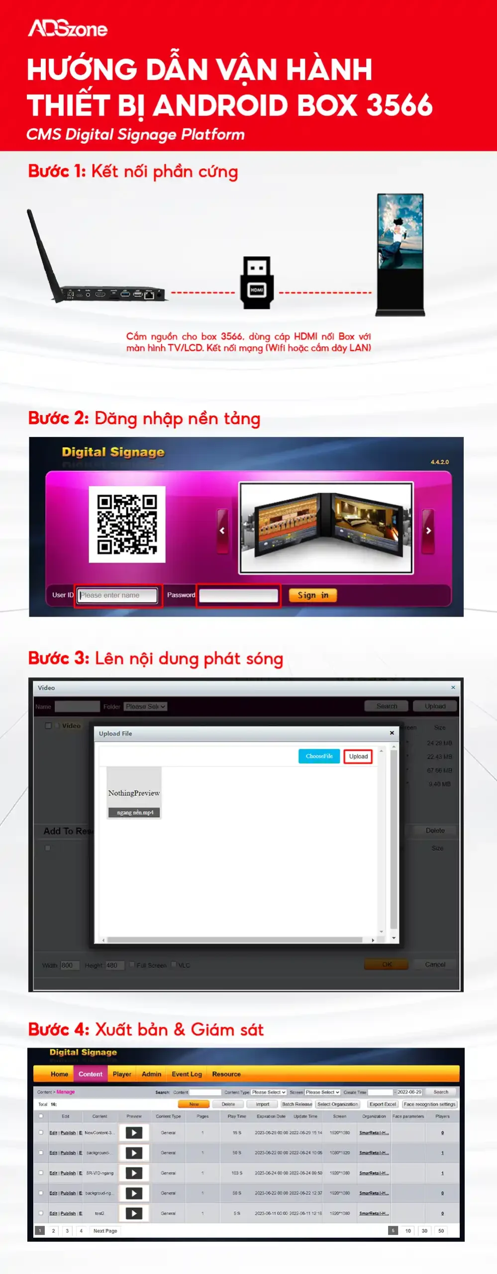 Hướng Dẫn Vận Hành Thiết Bị Android Box 3566 - CMS Digital Signage Platform