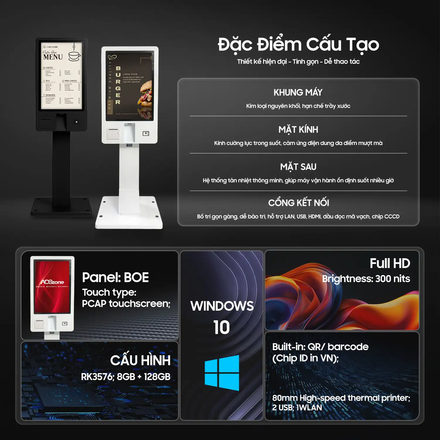 Kiosk Tự Phục Vụ 22 Inch - Windows Với Cấu Hình Mạnh Mẽ, Vận Hành Ổn Định
