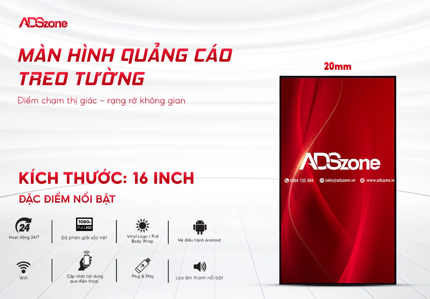 Màn Hình Quảng Cáo Treo Tường 16 Inch