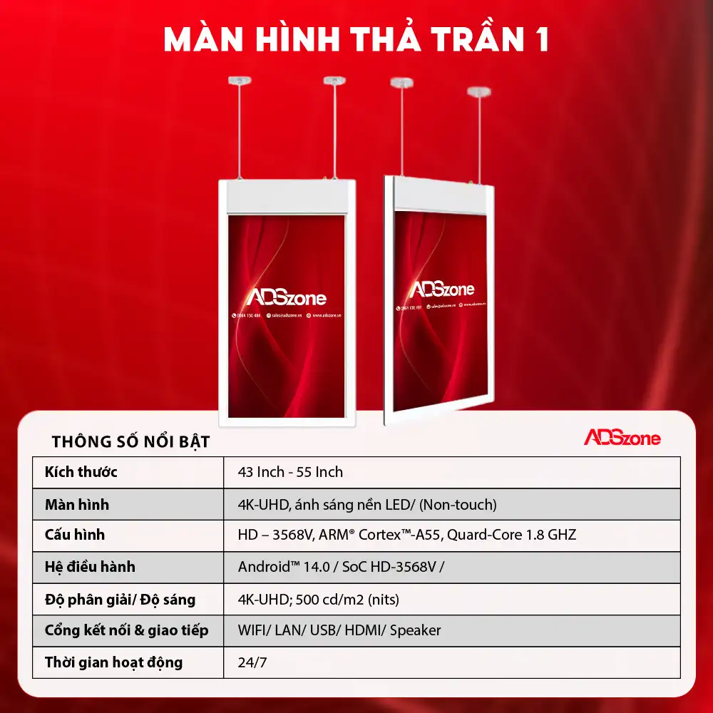 Thông Số Kỹ Thuật Của Màn Hình Quảng Cáo Treo Tường Thả Trần 1 Mặt