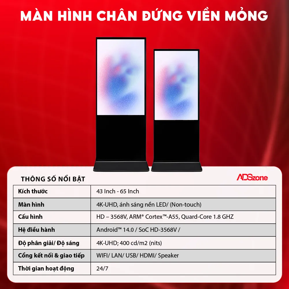 Thông Số Kỹ Thuật Của Màn Hình Chân Đứng Viền Mỏng 43 Inch