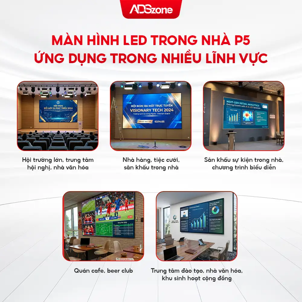 Màn Hình LED Trong Nhà P5 Ứng Dụng Trong Nhiều Lĩnh Vực