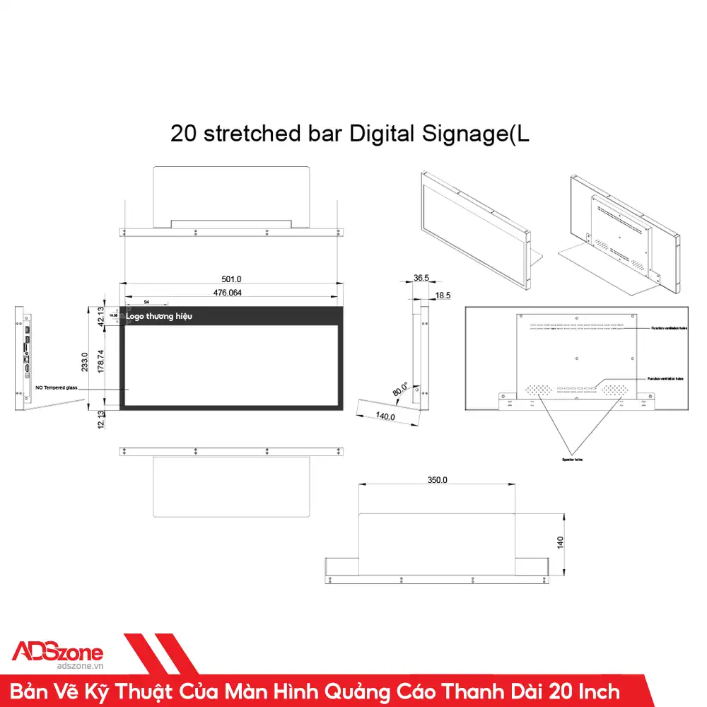 Bảng Vẽ Kỹ Thuật Của Màn Hình Quảng Cáo LCD Thanh Dài 20 Inch Customize
