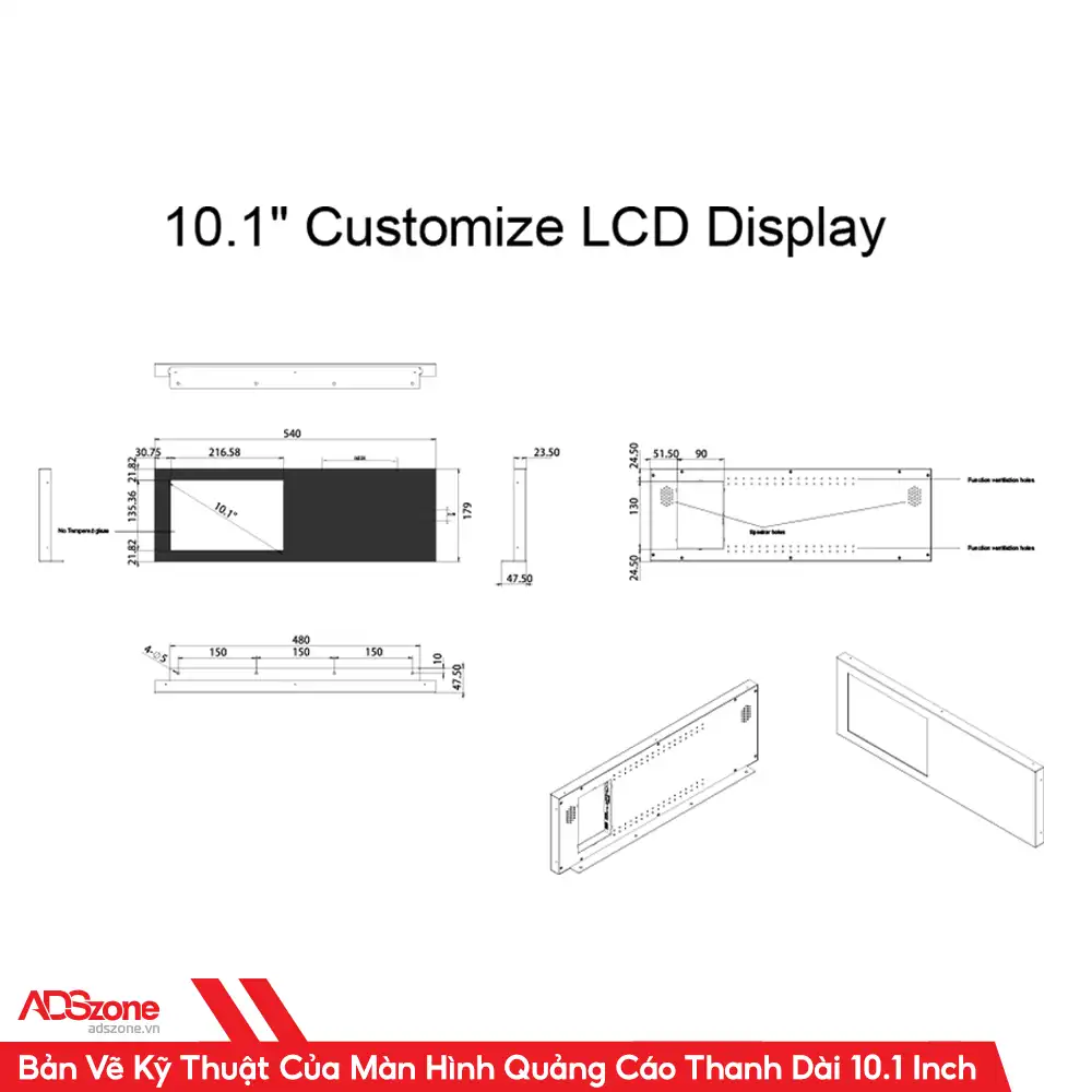 Bảng Vẽ Kỹ Thuật Của Màn Hình Quảng Cáo LCD Thanh Dài 10.1 Inch Customize
