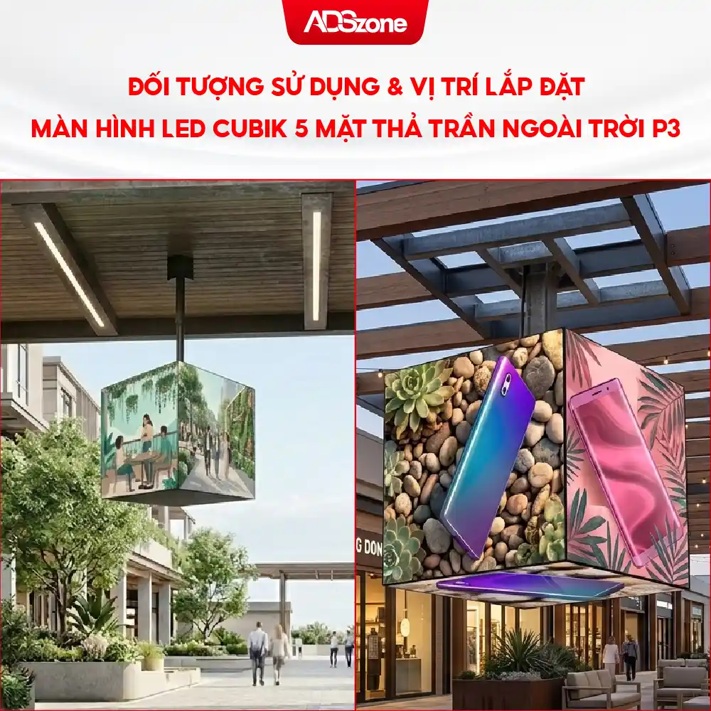 Đối Tượng Sử Dụng & Vị Trí Lắp Đặt Màn Hình LED Cubik 5 Mặt Thả Trần Ngoài Trời P3