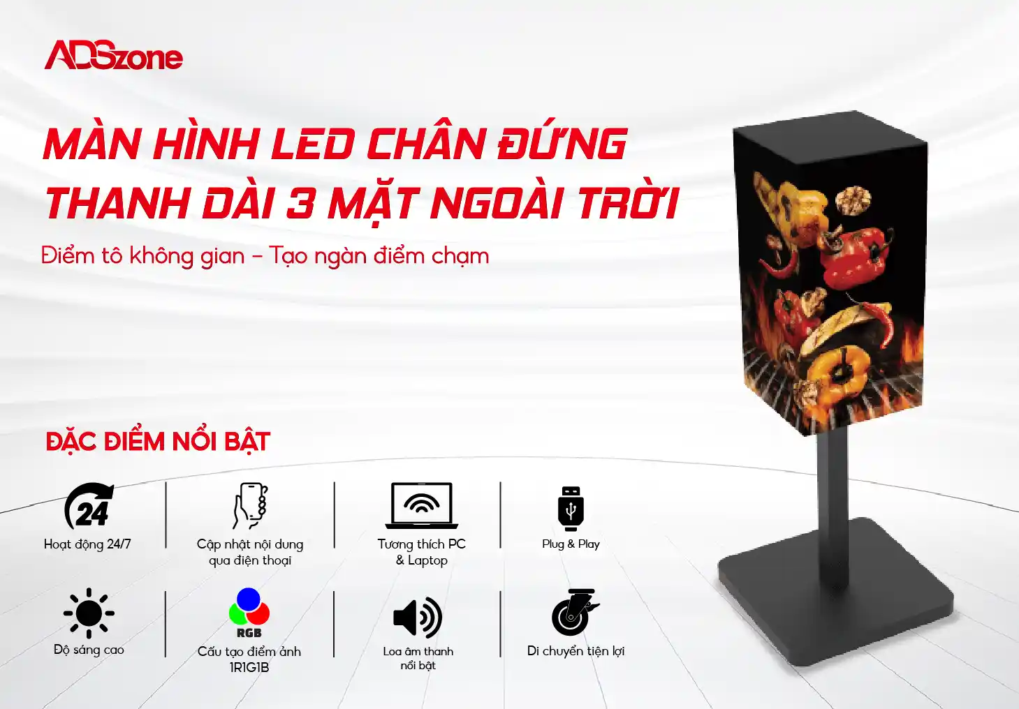 Màn Hình LED Chân Đứng Thanh Dài 3 Mặt Ngoài Trời