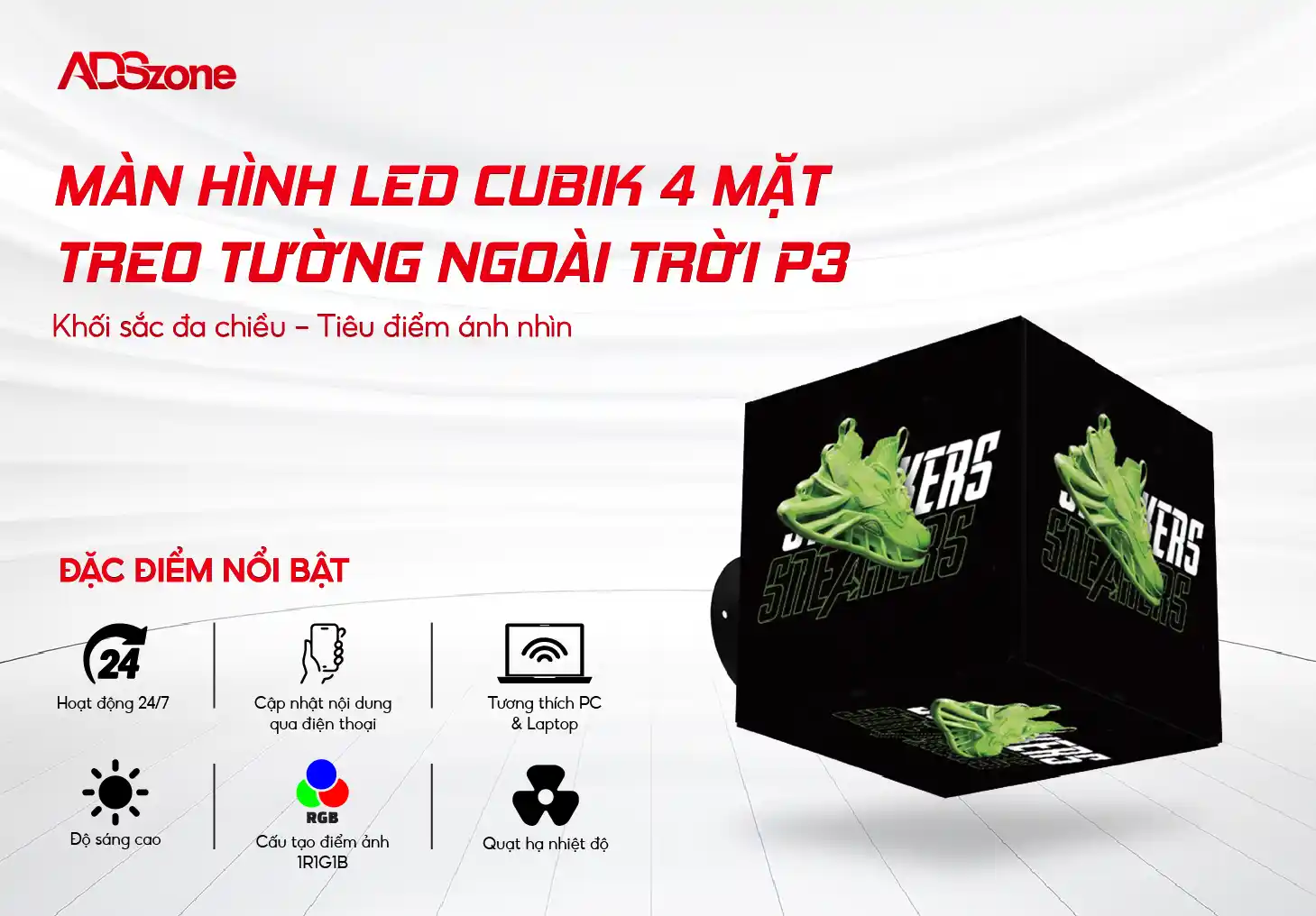 Màn Hình LED Cubik 4 Mặt Treo Tường Ngoài Trời P3