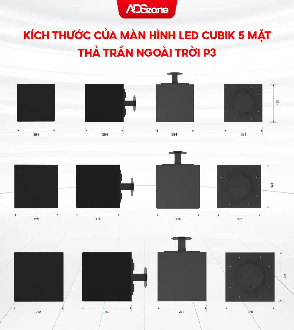 Kích Thước Màn Hình LED Cubik 4 Mặt Treo Tường Ngoài Trời P3