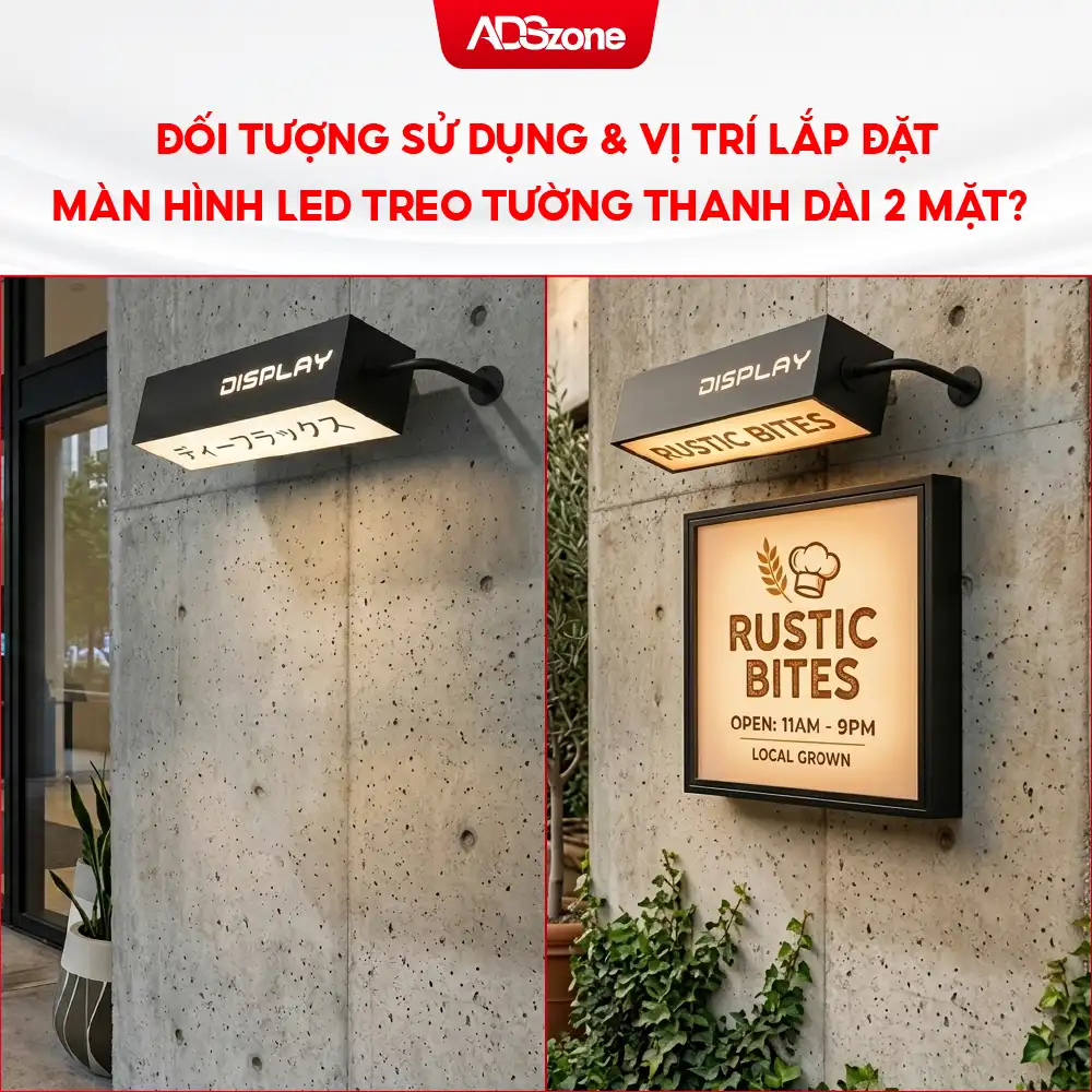 Đối Tượng Sử Dụng & Vị Trí Lắp Đặt Màn Hình LED Treo Tường Thanh Dài 2 Mặt Ngoài Trời Hình Khối P3