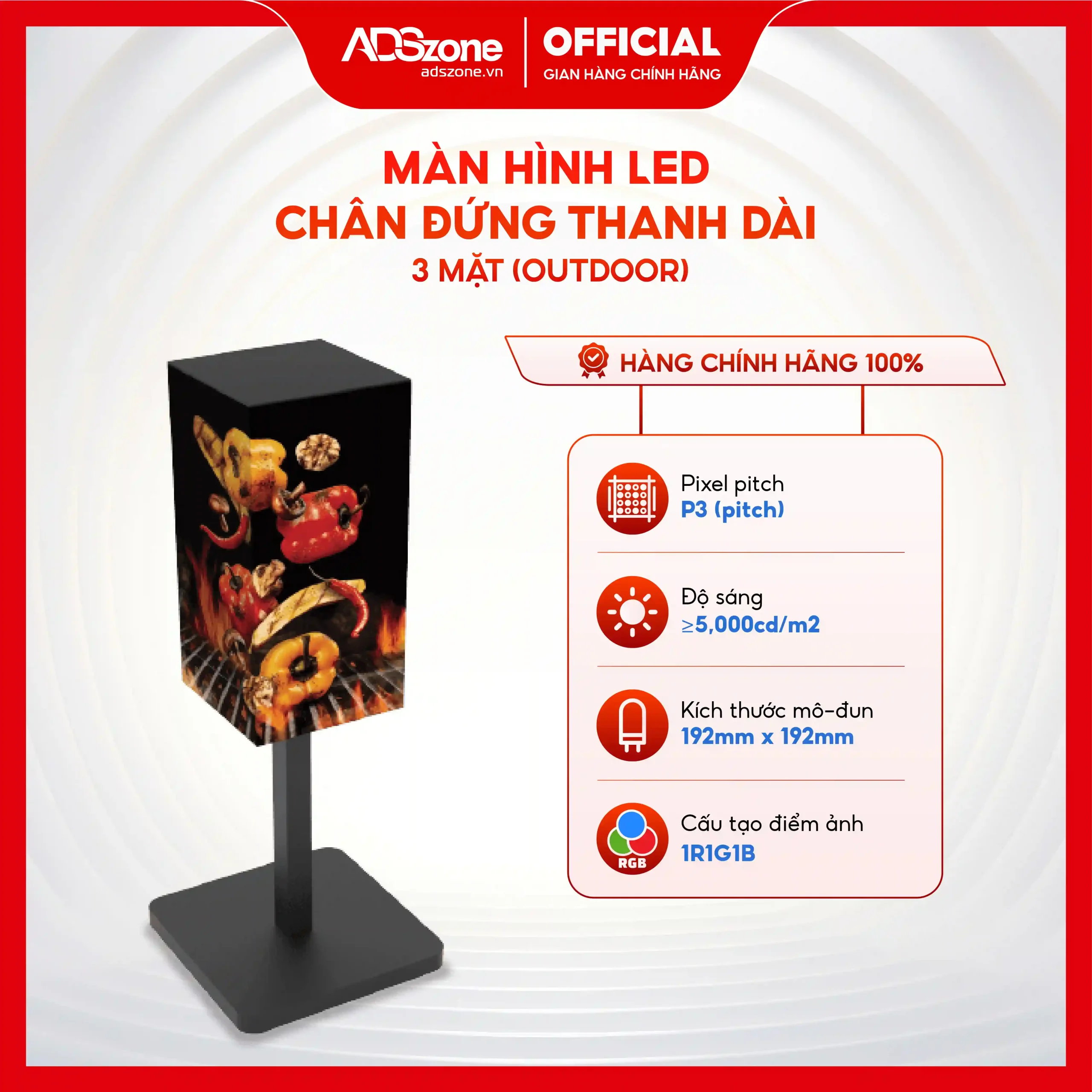 Màn Hình LED Chân Đứng Thanh Dài 3 Mặt Ngoài Trời