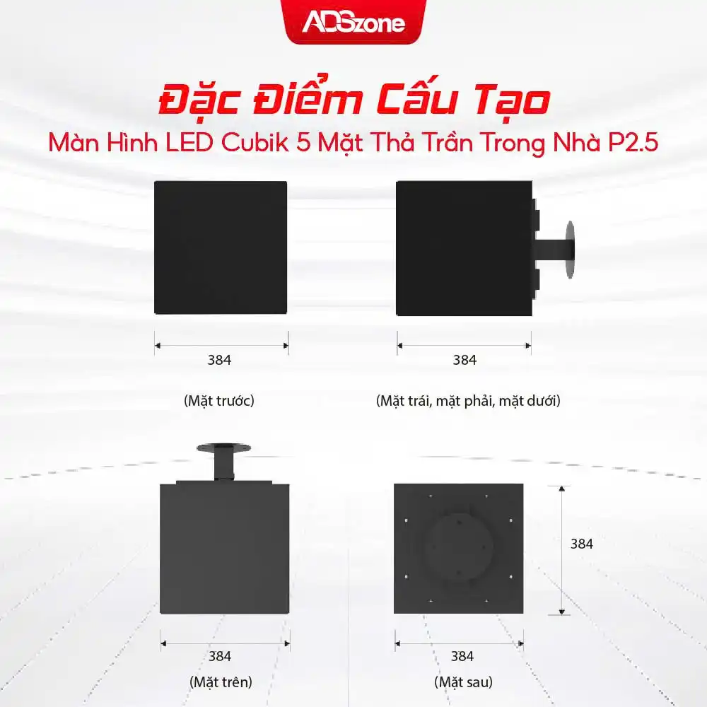 Đặc Điểm Cấu Tạo Màn Hình LED Cubik 5 Mặt Thả Trần Trong Nhà 2 Mặt P2