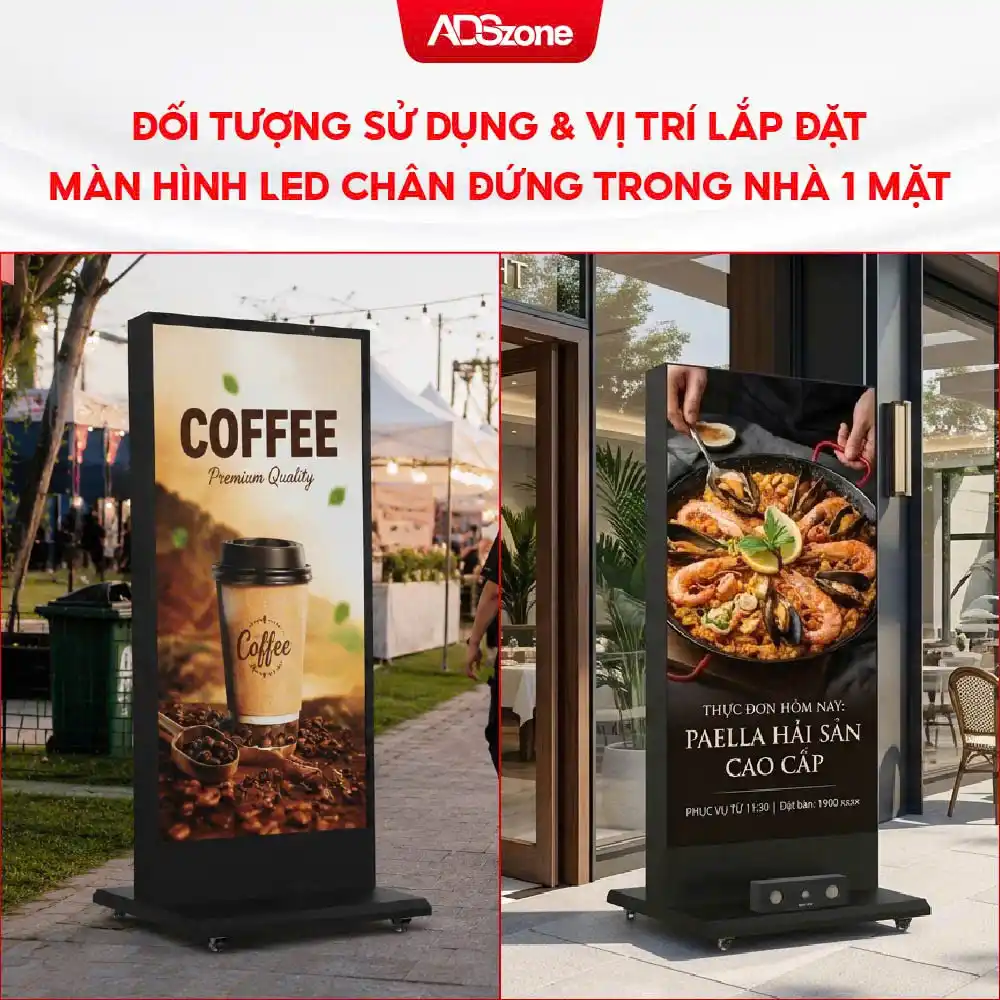 Đối Tượng Sử Dụng & Vị Trí Lắp Đặt Màn Hình LED Chân Đứng Trong Nhà 1 Mặt
