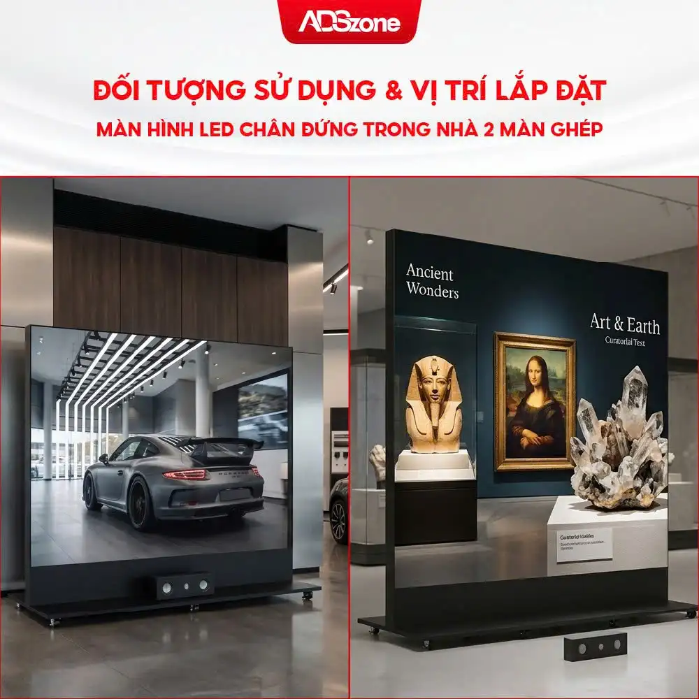 Đối Tượng Sử Dụng & Vị Trí Lắp Đặt Màn Hình LED Chân Đứng Trong Nhà 2 Màn Ghép