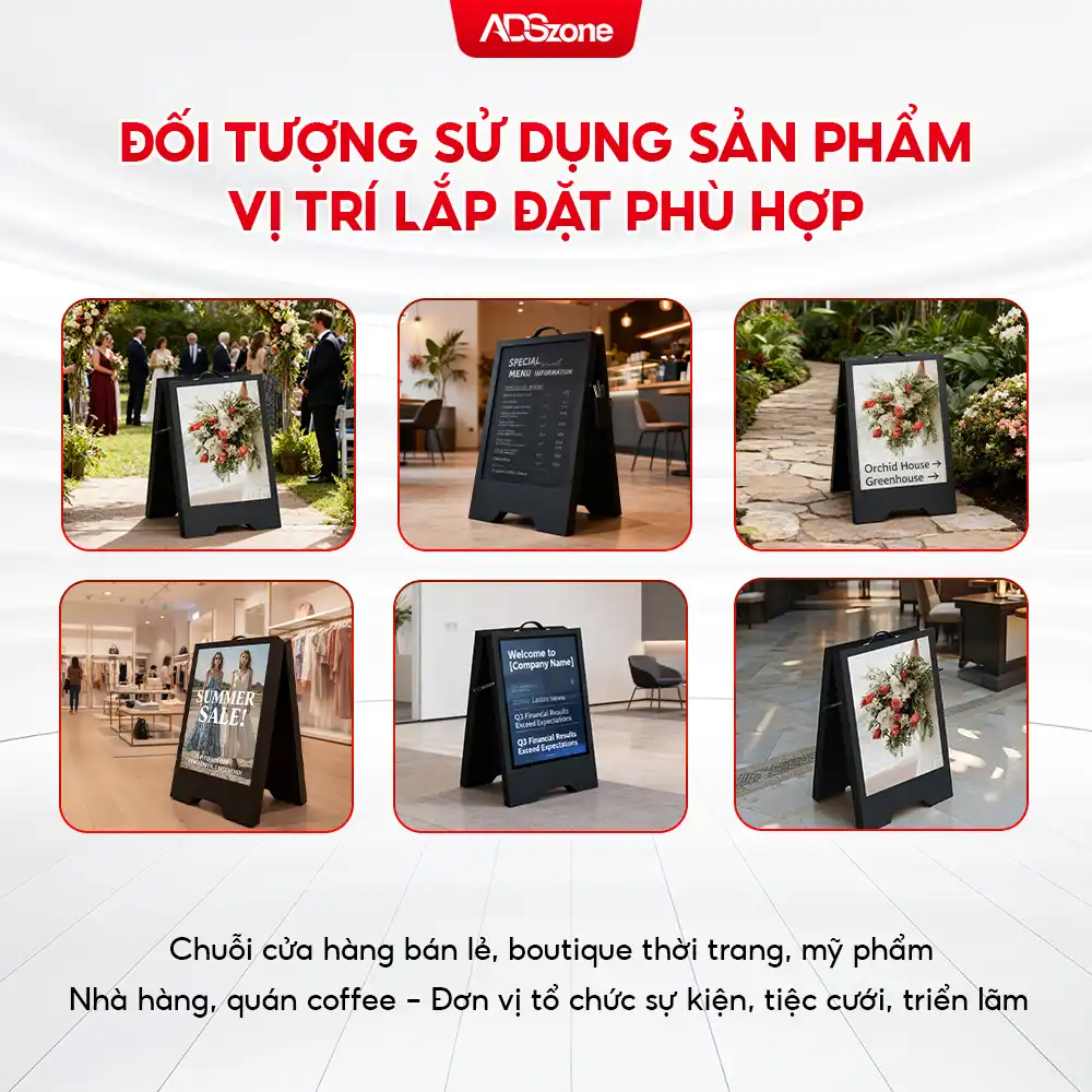 Đối Tượng Sử Dụng & Vị Trí Lắp Đặt Màn Hình LED Chân Đứng Chữ A 1 Mặt Trong Nhà