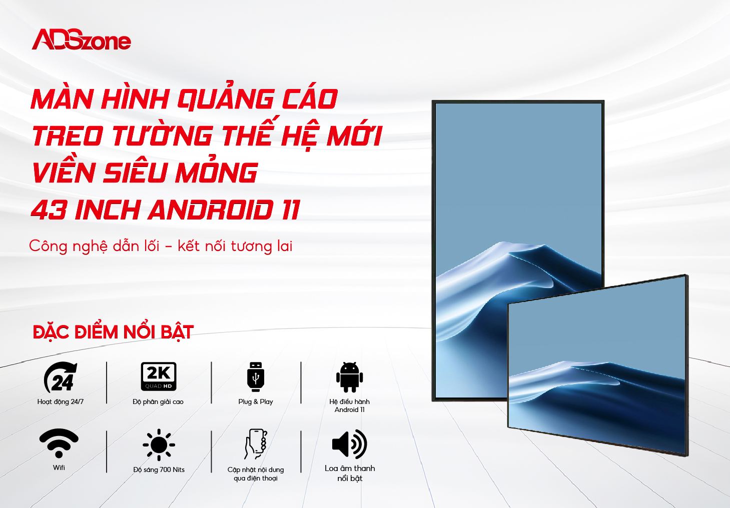 Màn Hình Quảng Cáo Treo Tường Thế Hệ Mới Viền Siêu Mỏng 43 Inch Android 14 4K 700 Nits