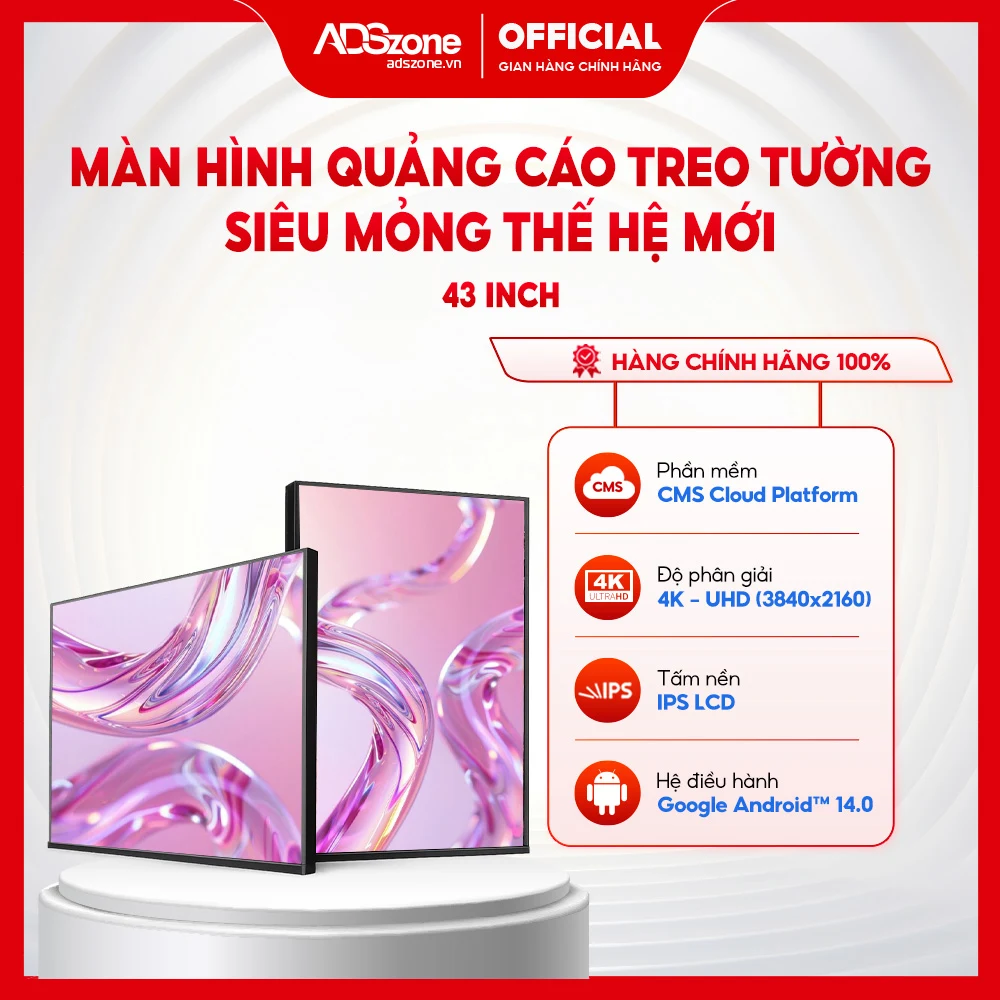 Màn Hình Quảng Cáo Treo Tường Thế Hệ Mới Viền Siêu Mỏng 43 Inch Android 14 | 4K | 700 Nits