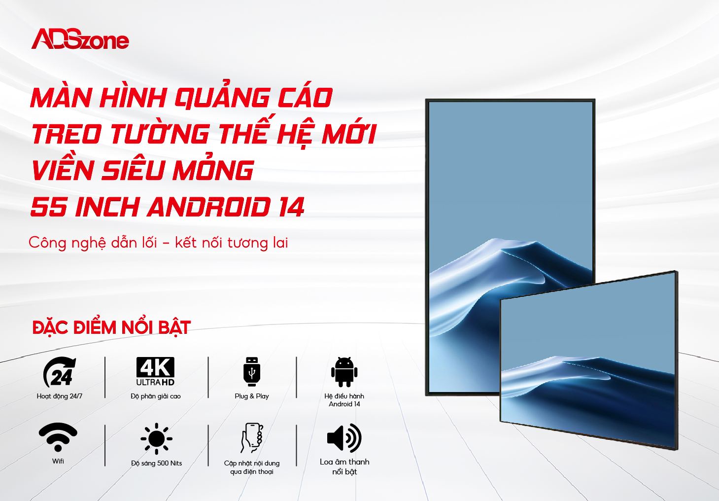 Màn Hình Quảng Cáo Treo Tường Viền Siêu Mỏng Thế Hệ Mới 55 Inch Android 14 4K 500 Nits