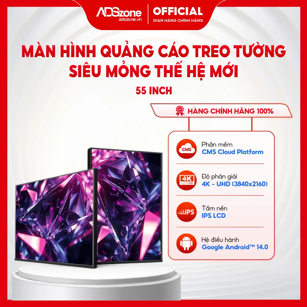 Màn Hình Quảng Cáo Treo Tường Viền Siêu Mỏng Thế Hệ Mới 55 Inch Android 14 4K 500 Nits