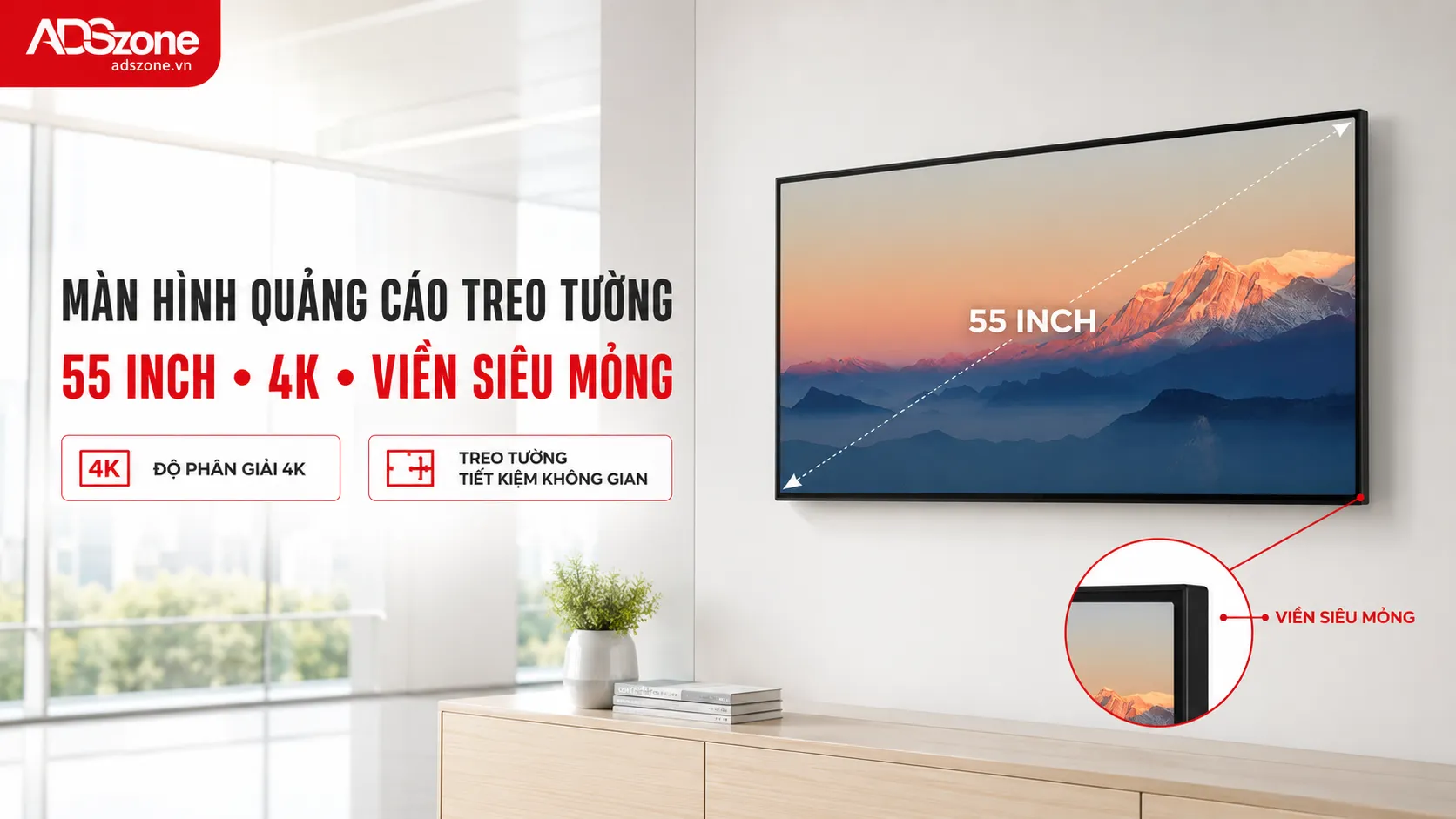 Màn hình quảng cáo treo tường 55 inch phù hợp với showroom, cửa hàng và sảnh đón khách.