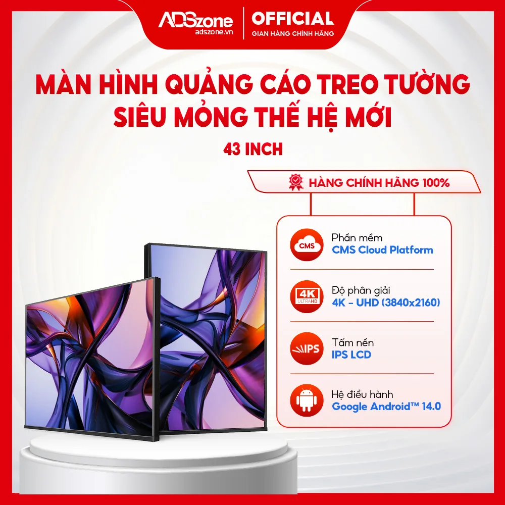 Màn Hình Quảng Cáo Treo Tường Thế Hệ Mới Viền Siêu Mỏng 43 Inch Android 14 | 4K | 500 Nits