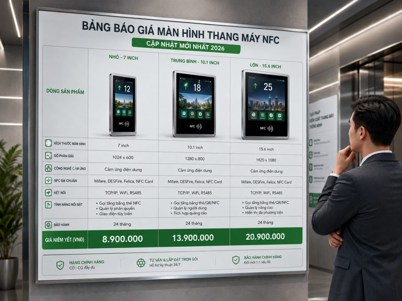 Bảng báo giá màn hình thang máy NFC cập nhật mới nhất