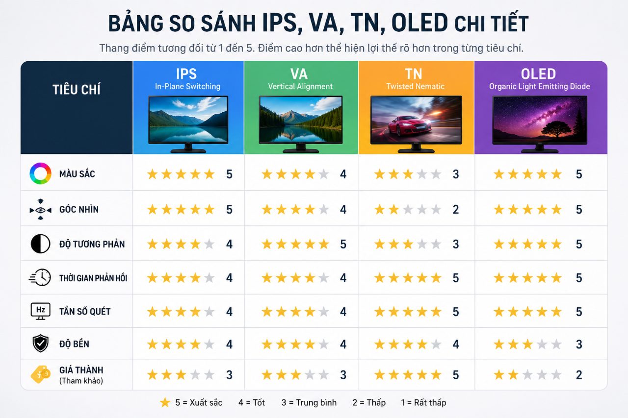 Bảng so sánh IPS, VA, TN, OLED chi tiết