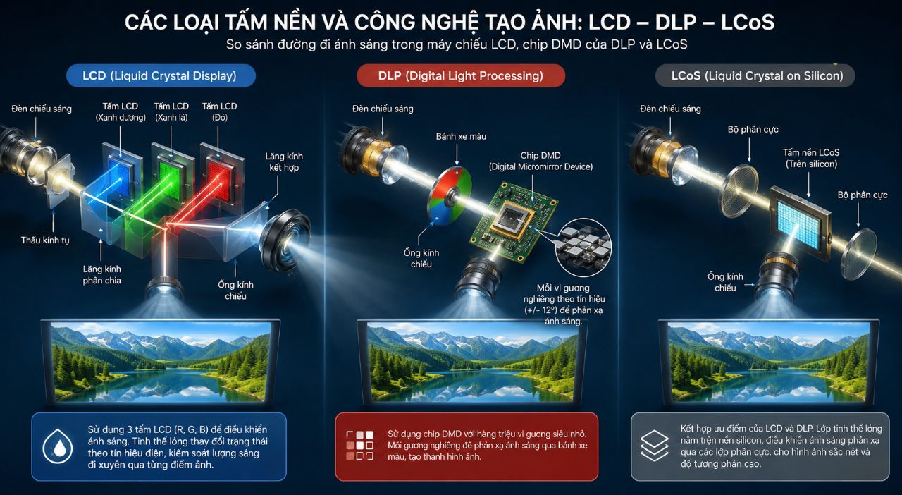Các loại tấm nền và công nghệ tạo ảnh LCD, DLP, LCoS
