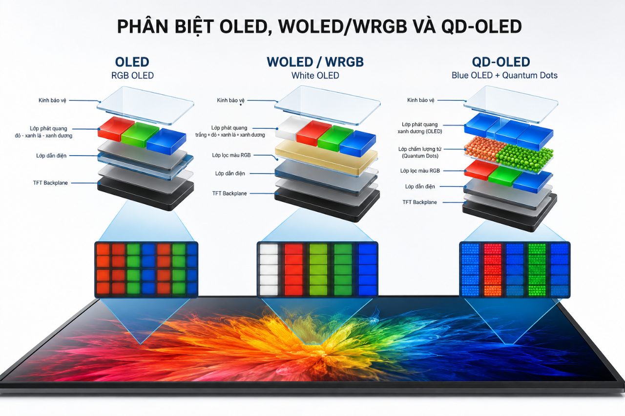 Phân biệt OLED, WOLED/WRGB và QD-OLED