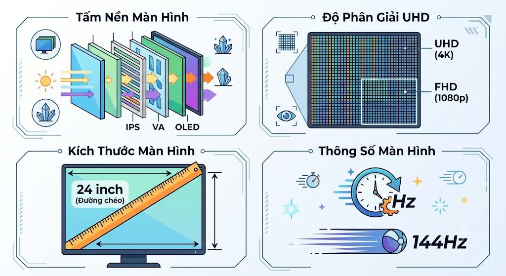 Phân biệt tấm nền với UHD, kích thước và thông số màn hình