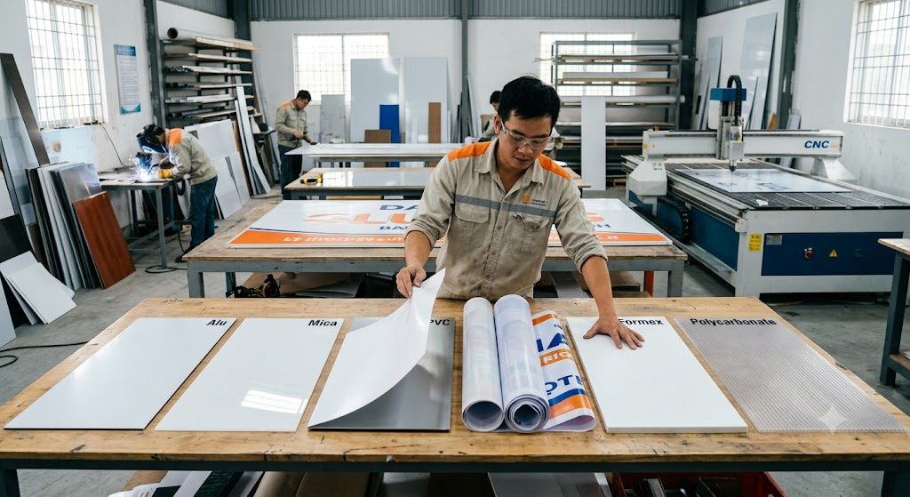 So sánh alu, mica, PVC, formex, bạt và polycarbonate