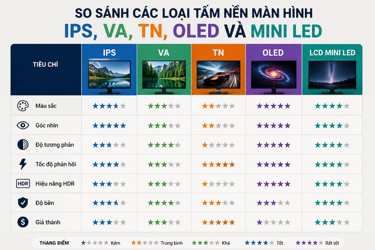 So sánh các loại tấm nền màn hình IPS, VA, TN, OLED và Mini LED