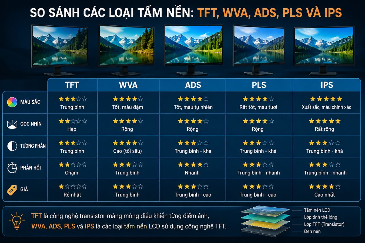So sánh các loại tấm nền màn hình TFT, WVA, ADS, PLS và IPS
