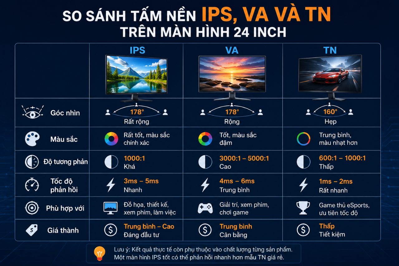 So sánh tấm nền IPS, VA và TN trên màn hình 24 inch