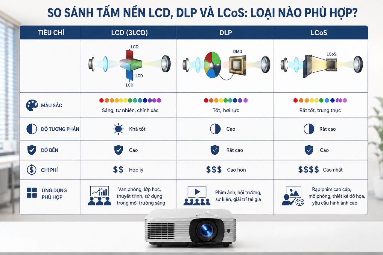 So sánh tấm nền LCD, DLP và LCoS: Loại nào phù hợp?