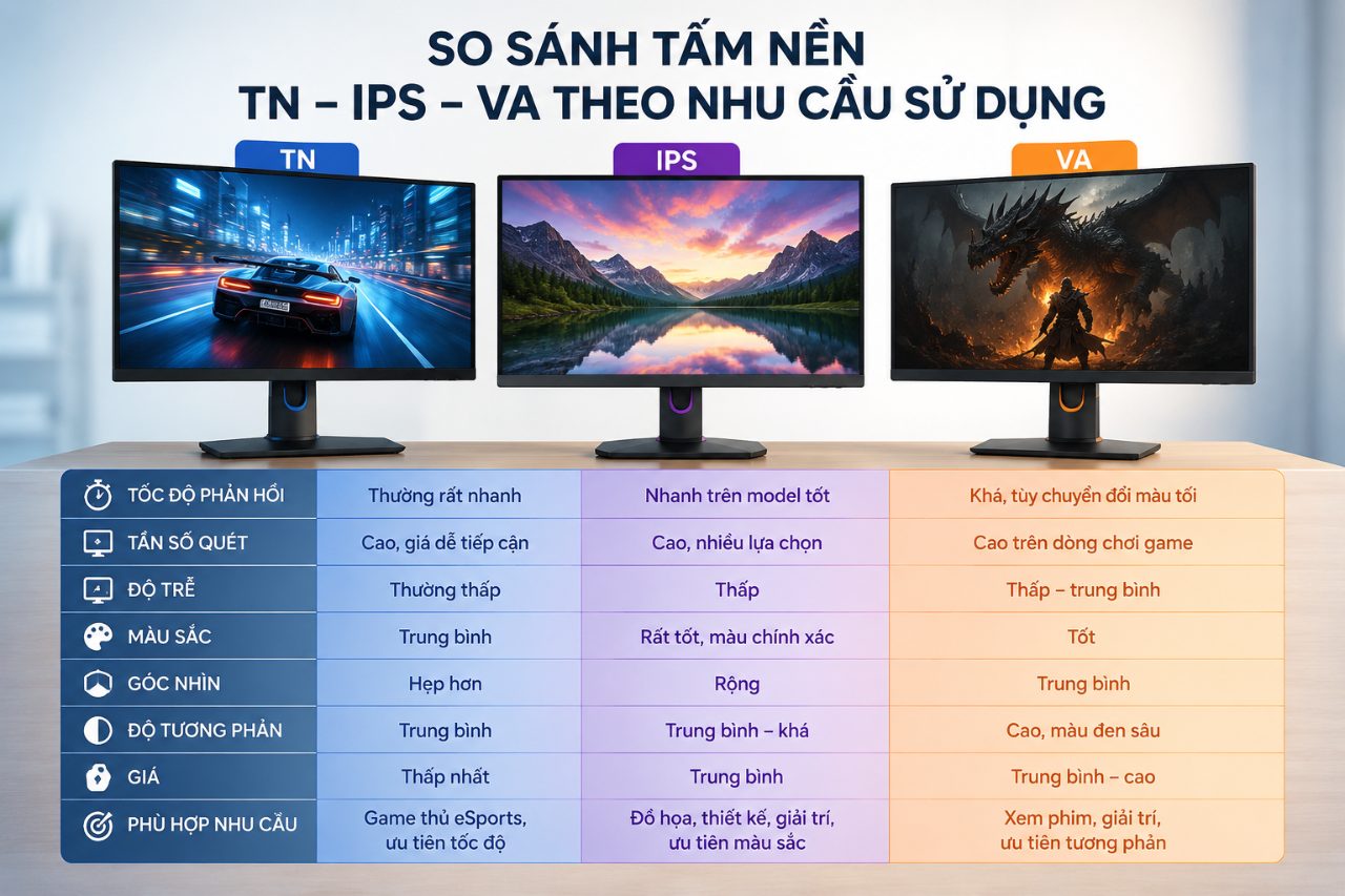 So sánh tấm nền TN và IPS, VA theo nhu cầu sử dụng