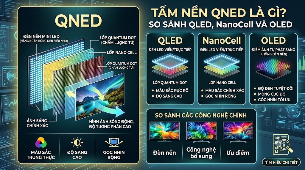 Tấm nền QNED là gì? So sánh QLED và OLED