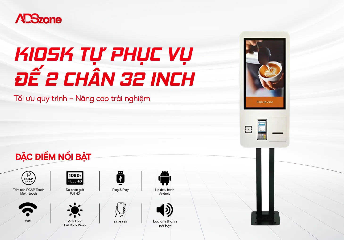 Kiosk Tự Phục Vụ Dạng Đế 2 Chân Tích Hợp Quét QR Và Thanh Toán