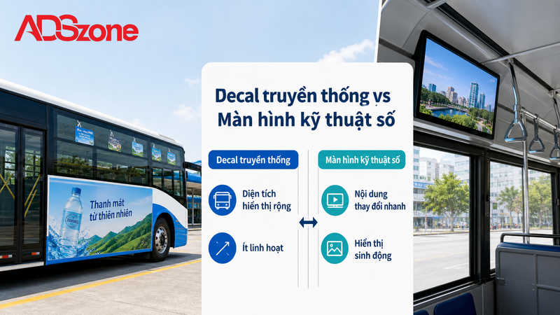 So sánh quảng cáo xe bus truyền thống và màn hình kỹ thuật số